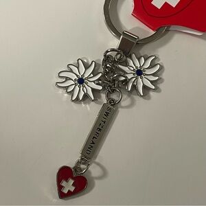 Switzerland Edelweiss Keychain with Heart Charm Silver-Tone